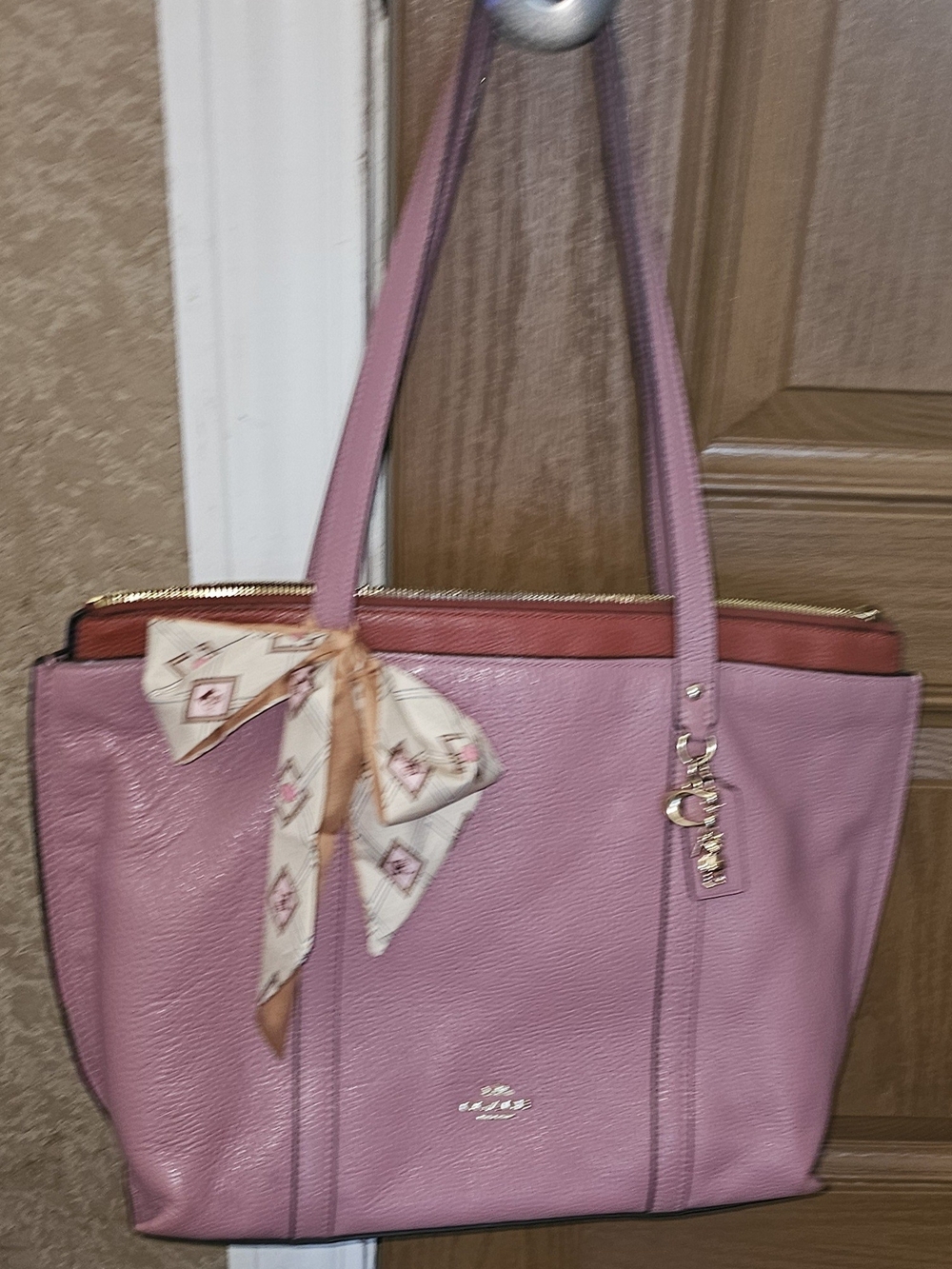 Coach Pink Leather Tote with Scarf Accent - Picture 2 of 11